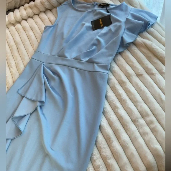 New Money RUFFLED BLUE PENCIL DRESS - Picture 3 of 15